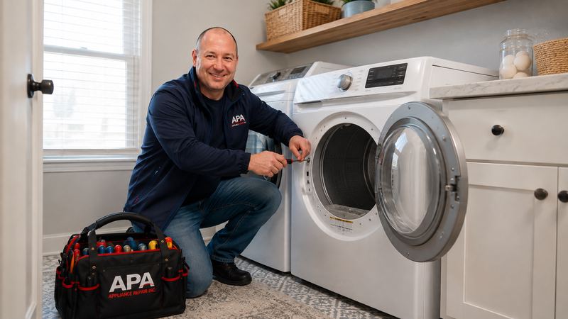 APA Appliance Repair technician inspecting a residential clothes dryer