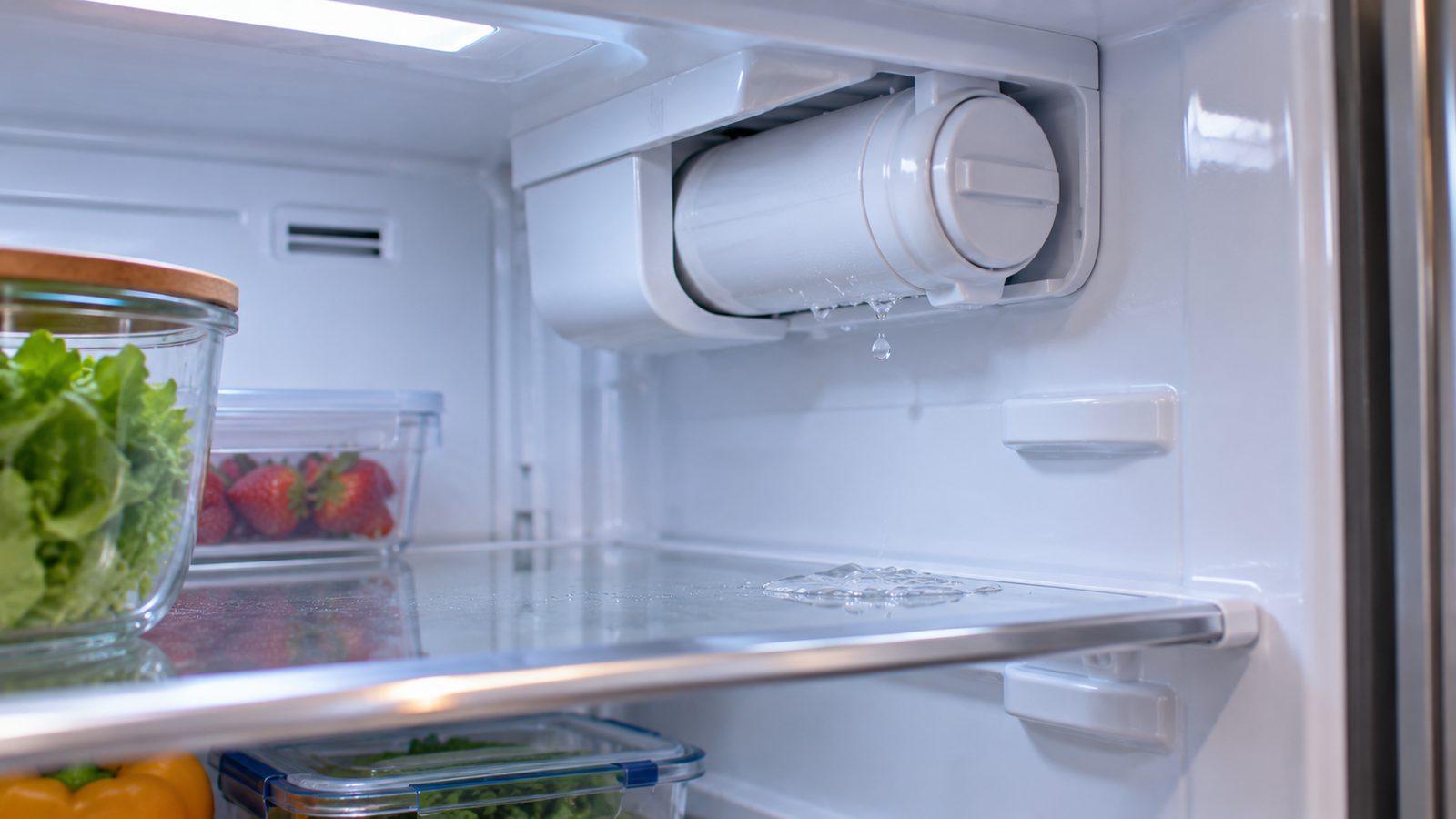 Water droplets beneath a refrigerator water filter housing