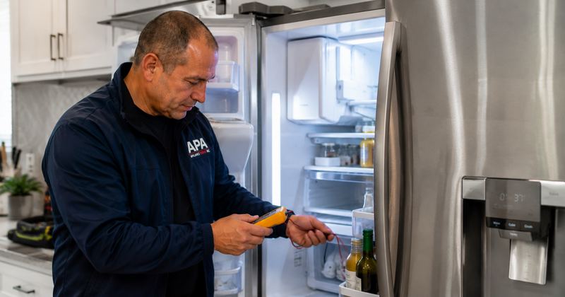 APA technician diagnosing a refrigerator that is not cooling
