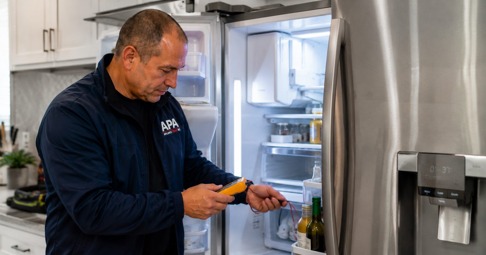 APA technician diagnosing a refrigerator that is not cooling