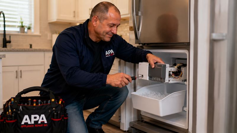 APA Appliance Repair technician diagnosing a refrigerator ice maker