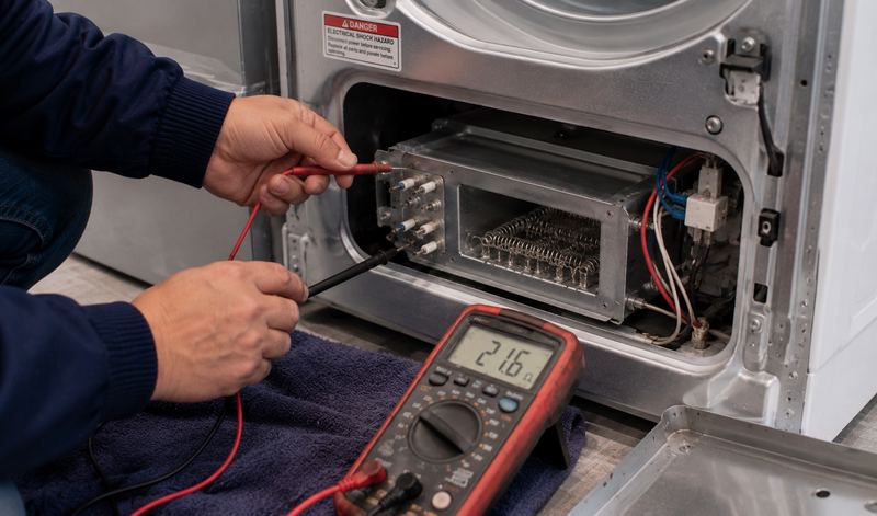 Technician testing an electric dryer heating element
