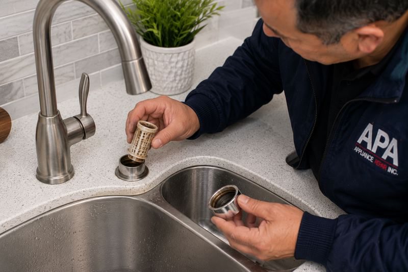 APA Appliance Repair technician checking and cleaning a clogged dishwasher air gap