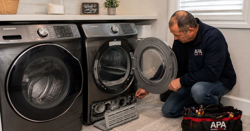 Technician diagnosing a dryer that runs but does not heat