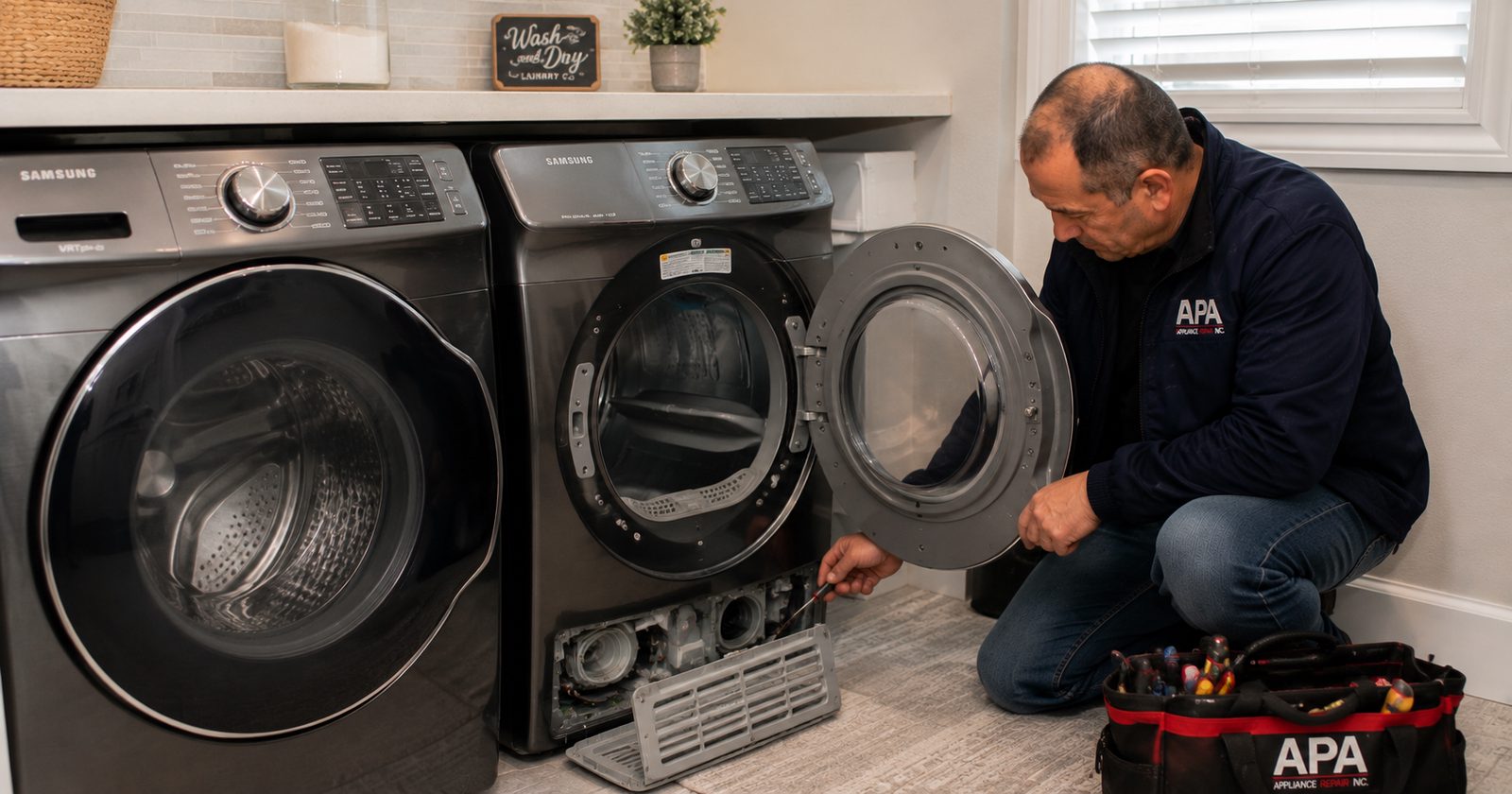 Technician diagnosing a dryer that runs but does not heat