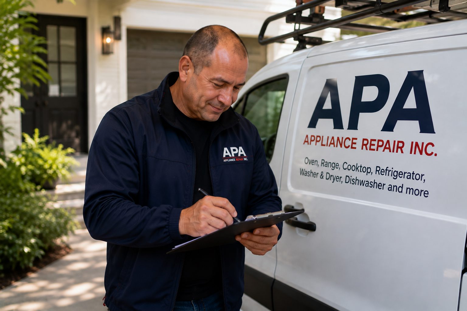 APA Appliance Repair technician standing beside a branded service van