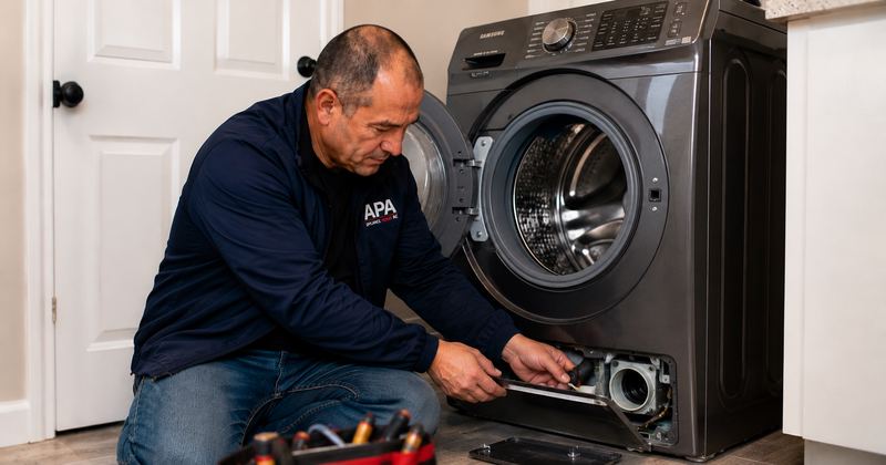 APA technician inspecting a washer that is not draining