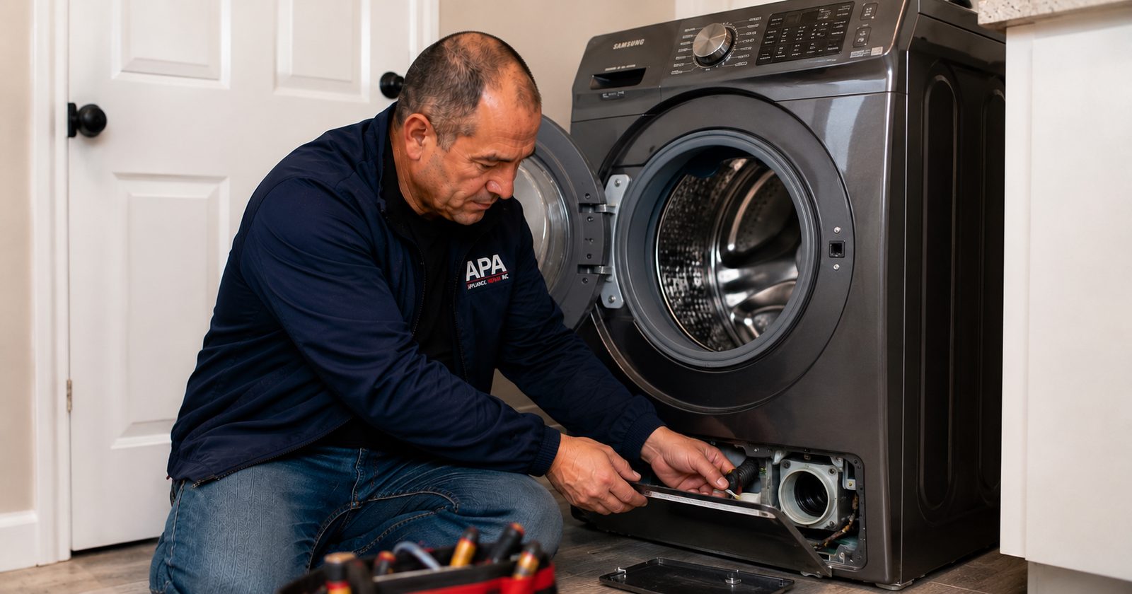 APA technician inspecting a washer that is not draining