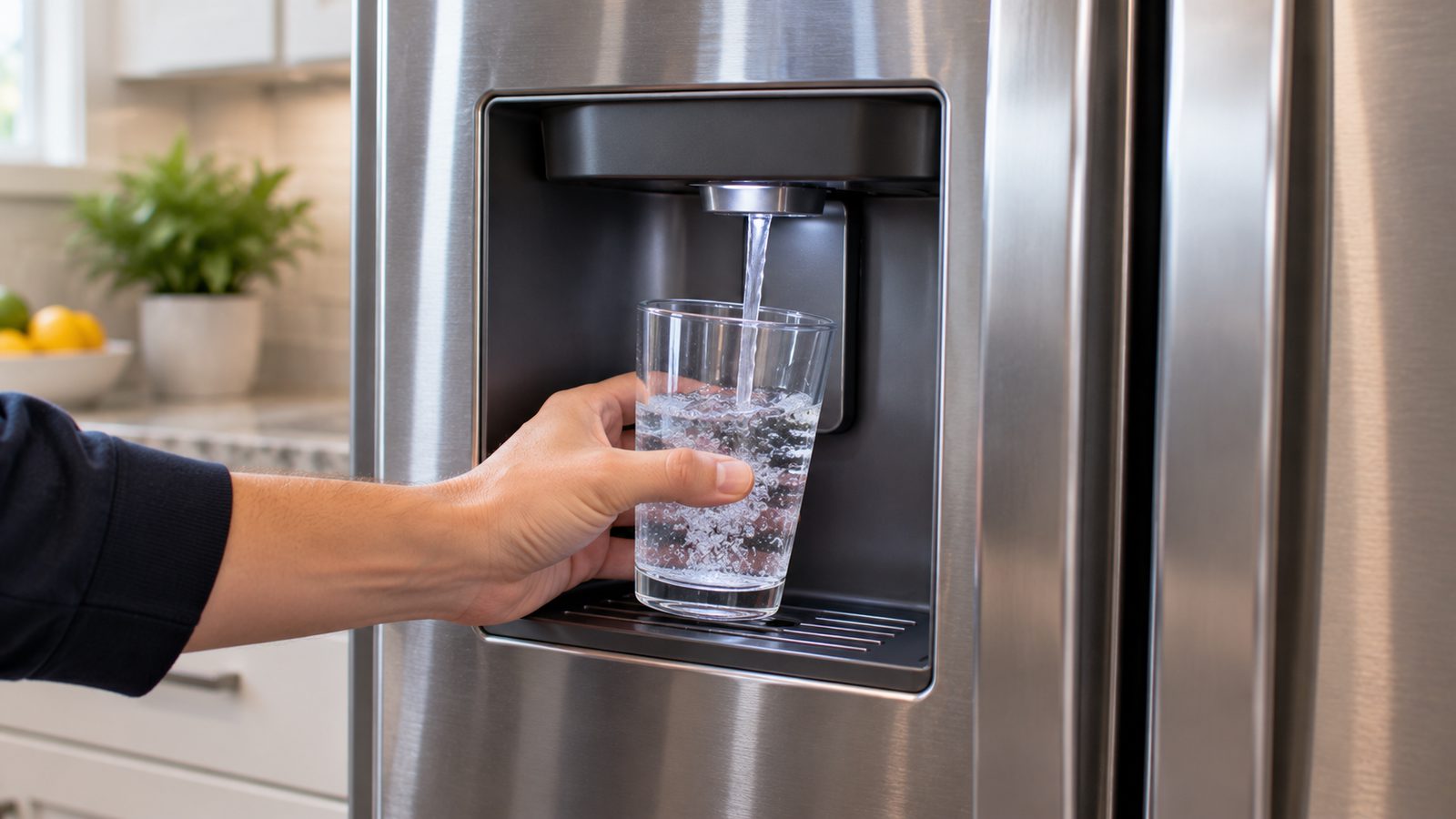 Refrigerator water dispenser filling a clear drinking glass