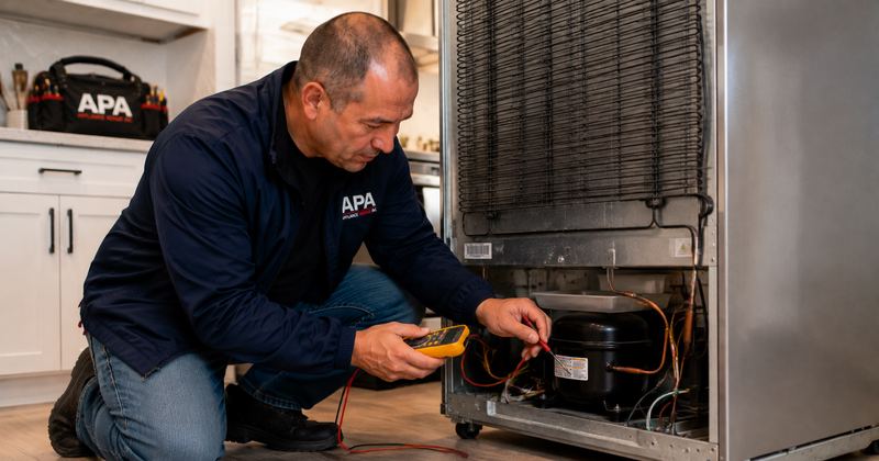 APA Appliance Repair technician diagnosing a refrigerator cooling problem