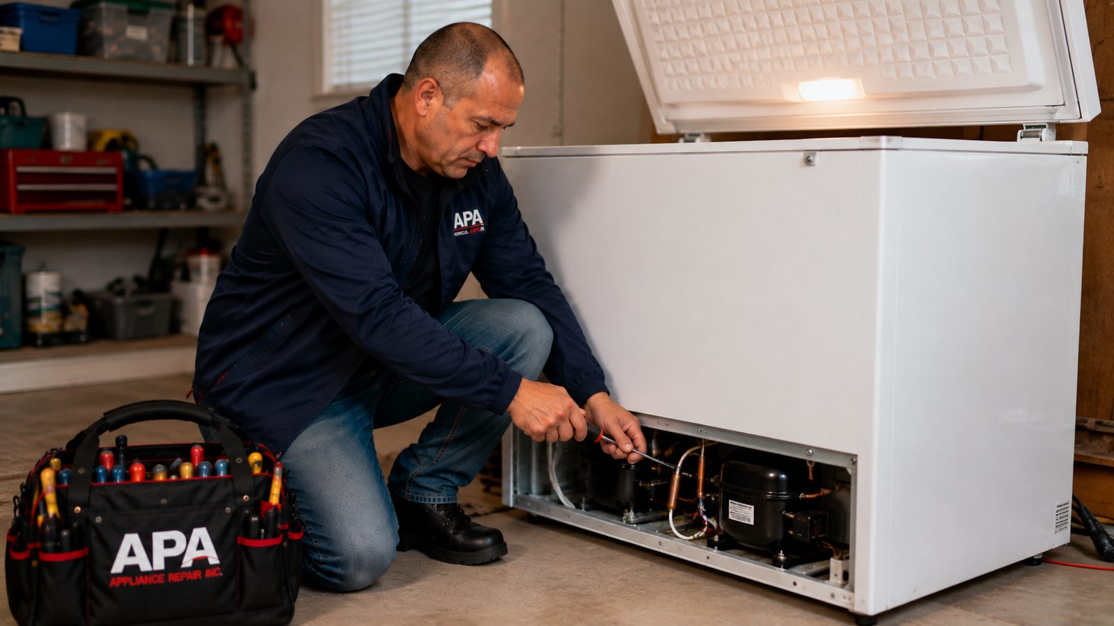 APA Appliance Repair technician checking the temperature of an upright freezer