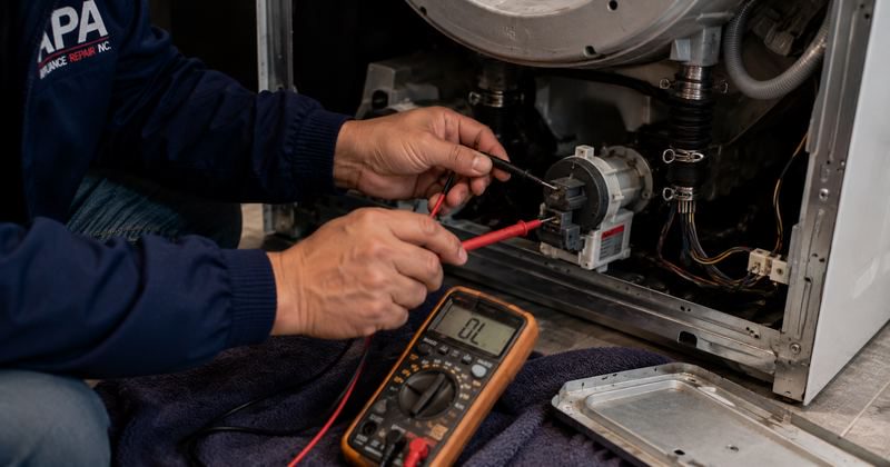 Technician testing a washing machine drain pump