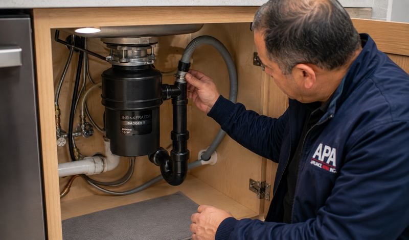 APA Appliance Repair technician checking a dishwasher drain hose high loop under the kitchen sink