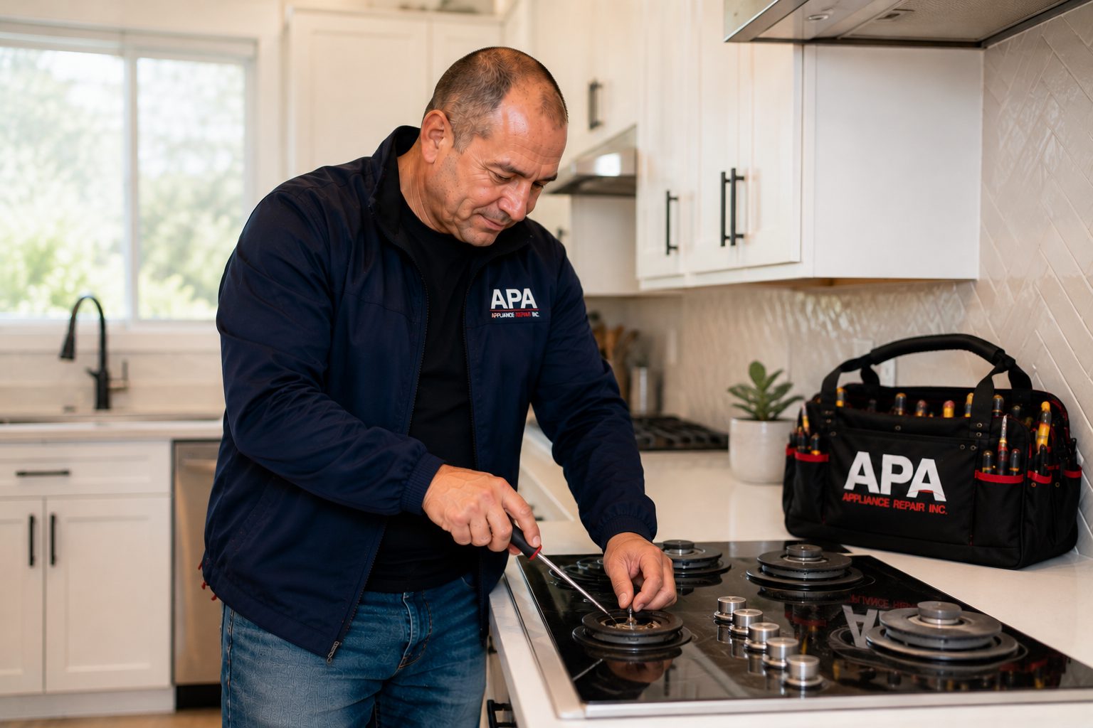 APA Appliance Repair technician repairing an oven