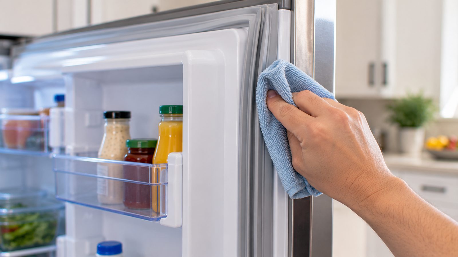 Cleaning a refrigerator door gasket with a soft cloth