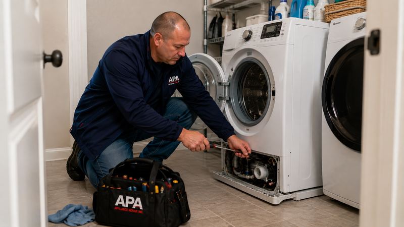APA Appliance Repair technician diagnosing a front-load washer