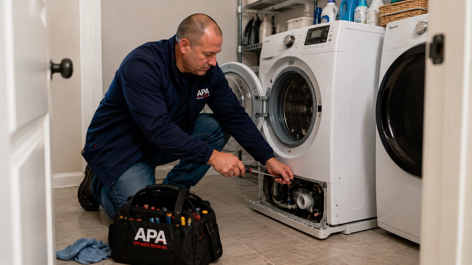 APA Appliance Repair technician diagnosing a front-load washer