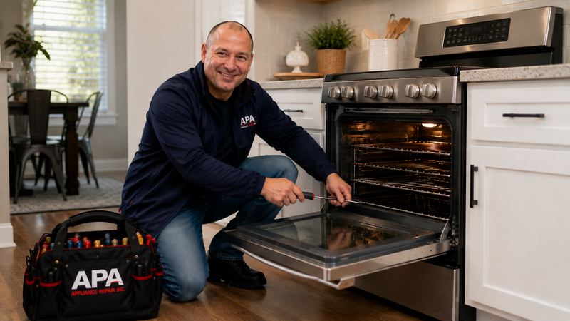 APA Appliance Repair technician diagnosing a residential oven and range