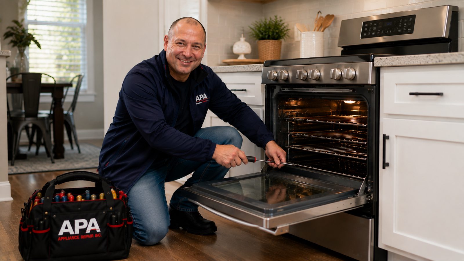 APA Appliance Repair technician diagnosing a residential oven and range