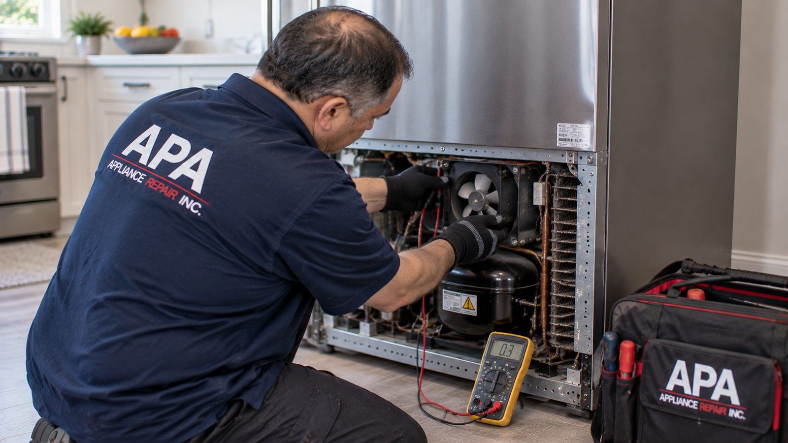 Technician testing refrigerator cooling system components