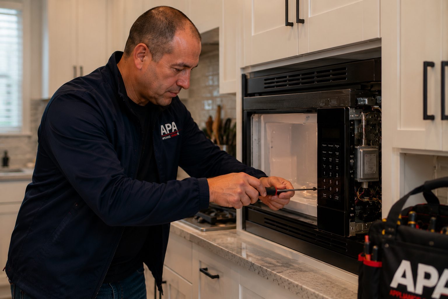APA Appliance Repair technician diagnosing an over-the-range microwave