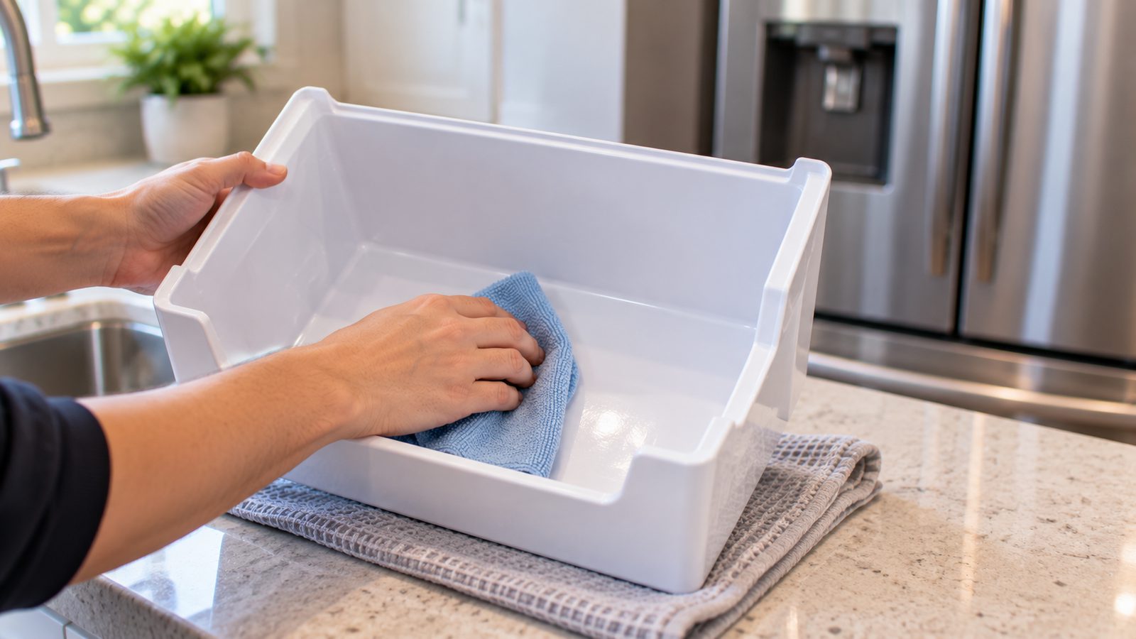 Wiping a removable plastic refrigerator ice bin with a soft cloth