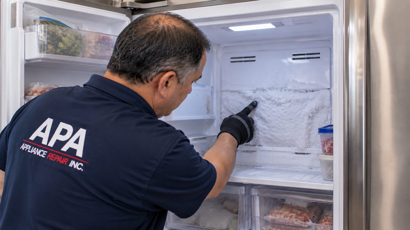 Frost buildup on the rear panel inside a refrigerator freezer