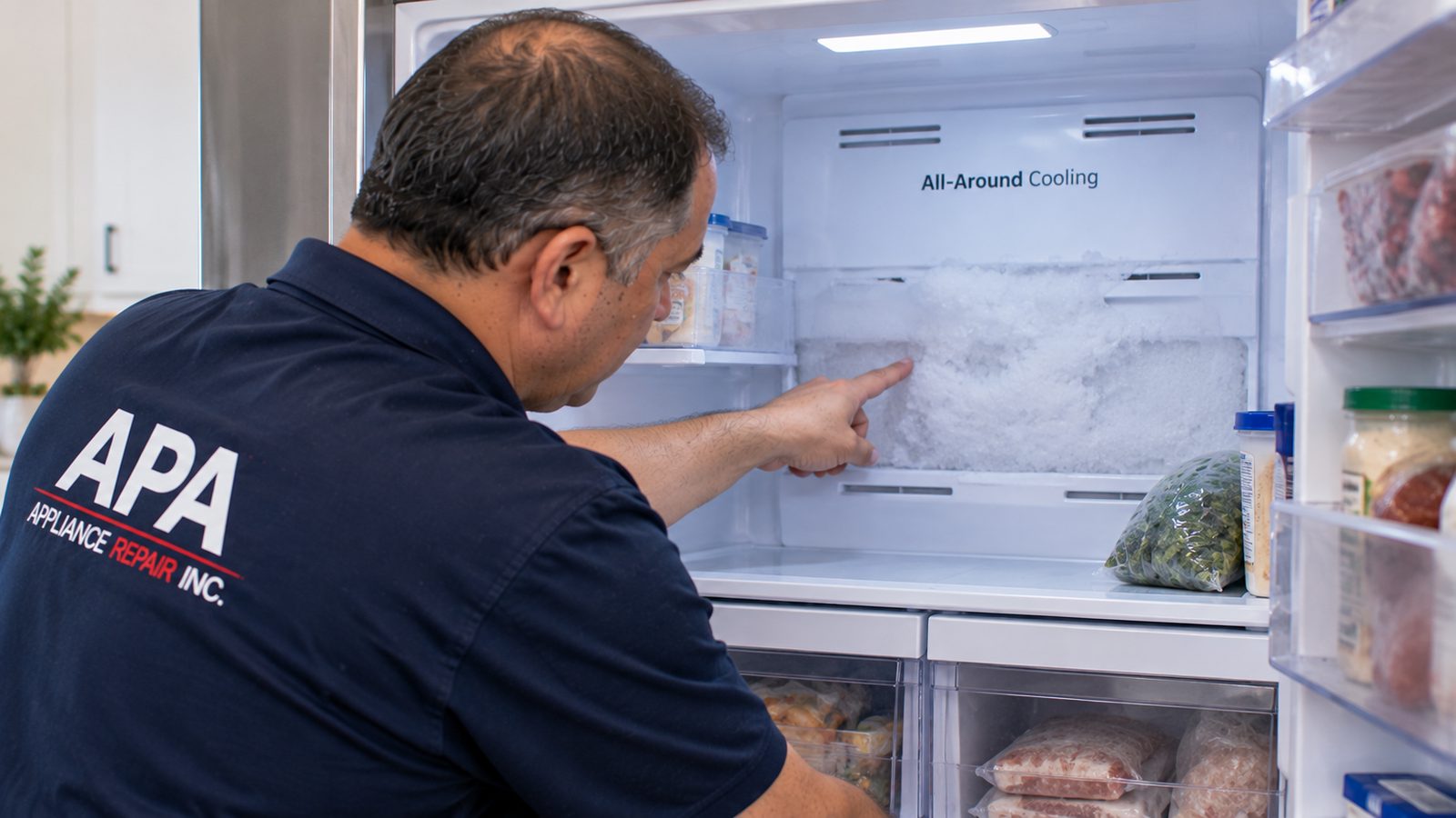 Frost buildup on the rear panel of a Samsung refrigerator freezer