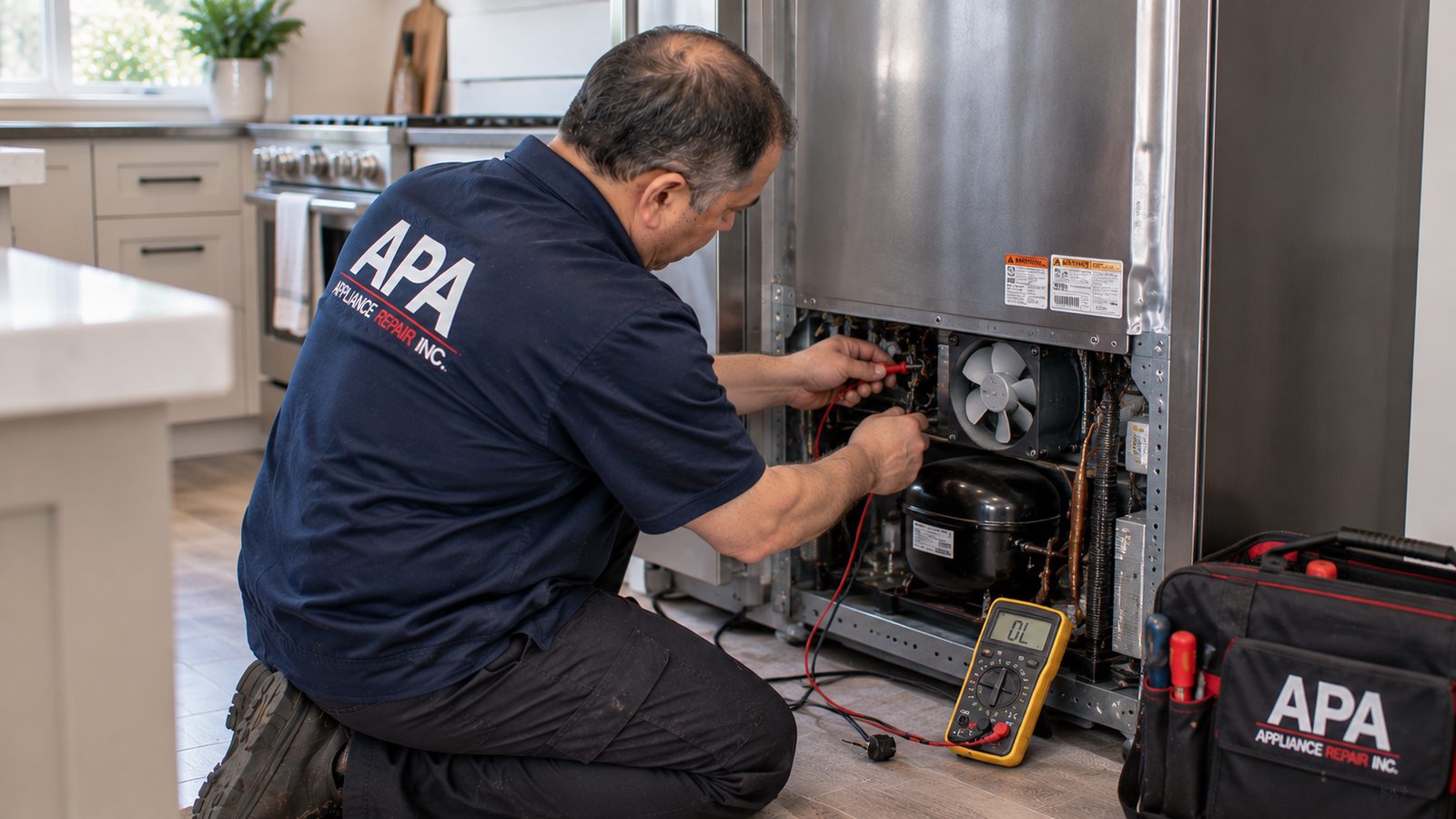 Technician testing the cooling system of a Samsung refrigerator