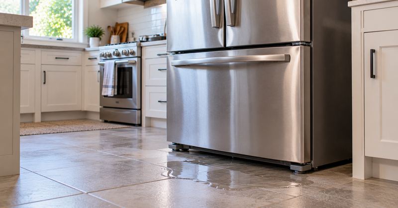 Water on the kitchen floor beneath a stainless steel refrigerator