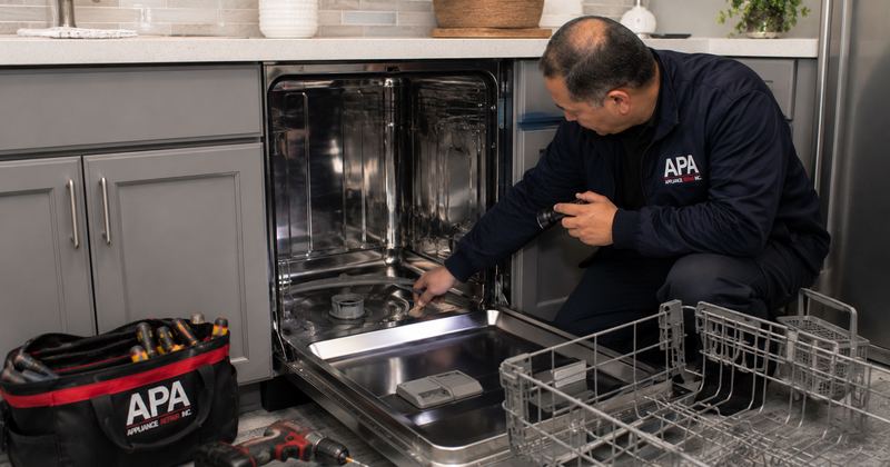 Technician inspecting a dishwasher that is not draining