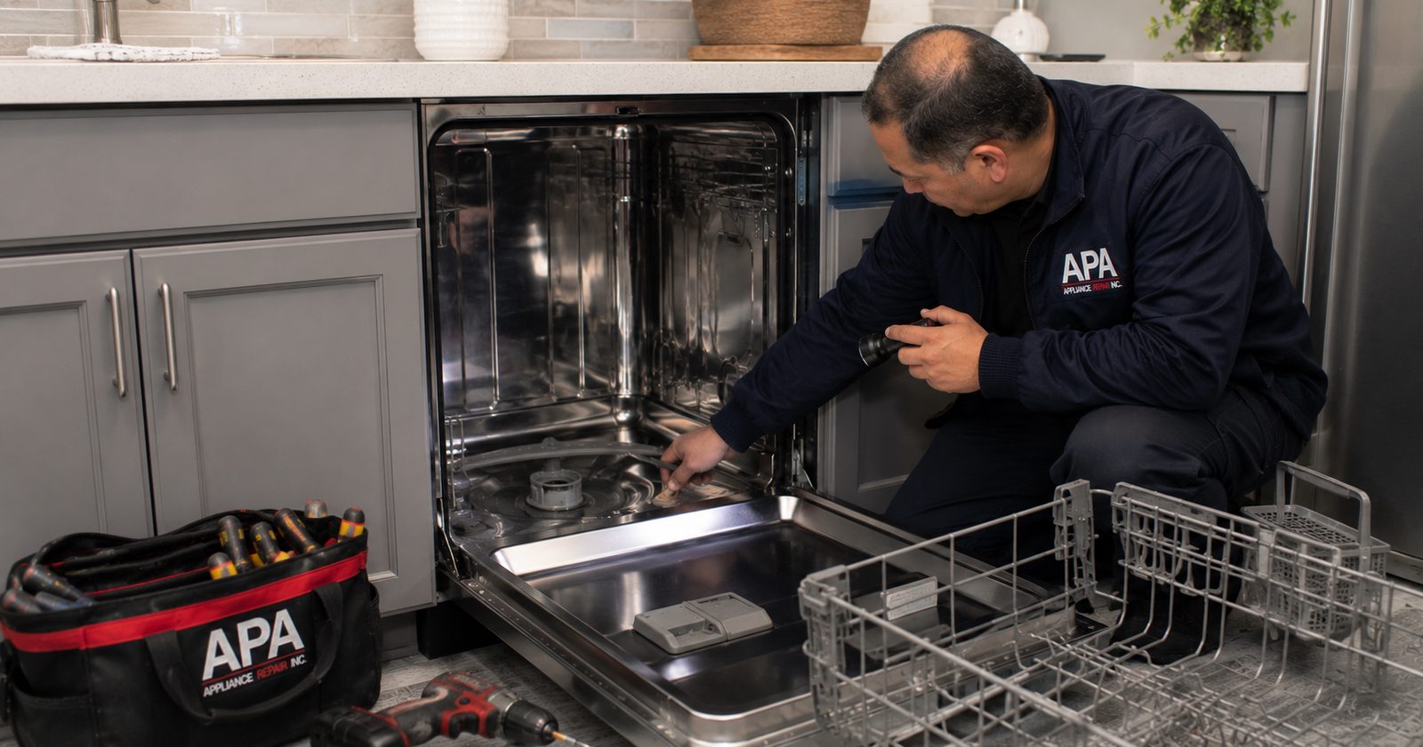 Technician inspecting a dishwasher that is not draining