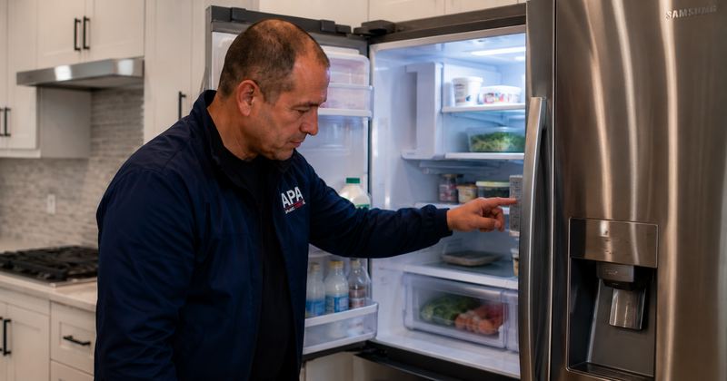 Samsung refrigerator being inspected for a cooling problem