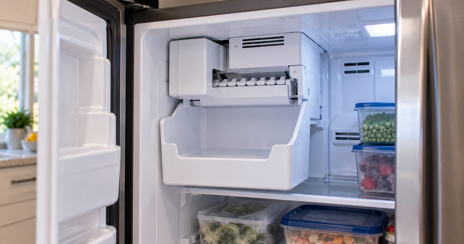 Empty ice bin beneath a refrigerator ice maker