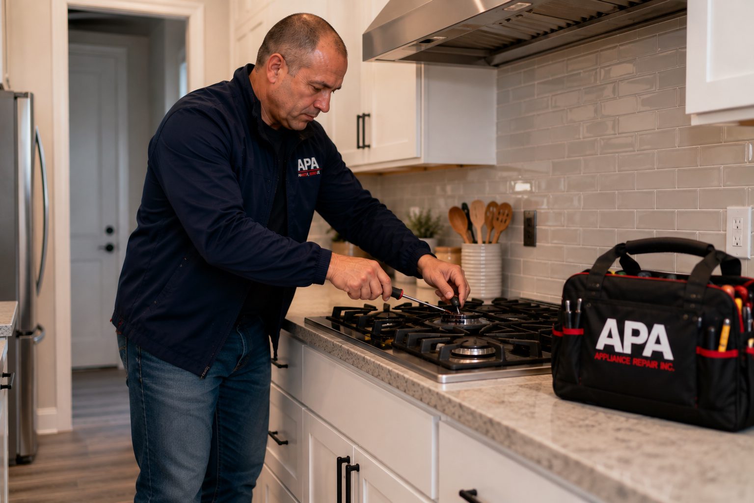 APA Appliance Repair technician diagnosing a built-in cooktop