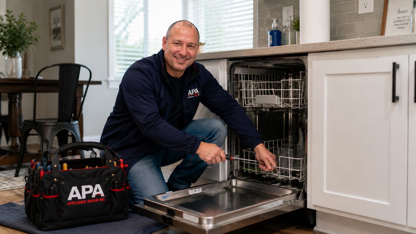 APA Appliance Repair technician diagnosing a built-in dishwasher