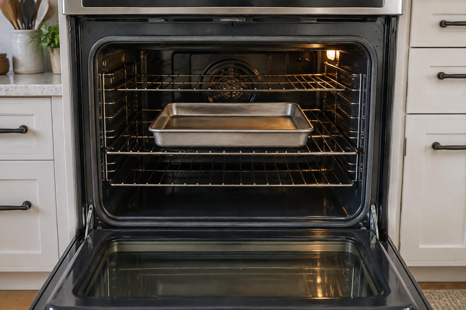 Single baking pan centered on an oven rack with clear space around every side