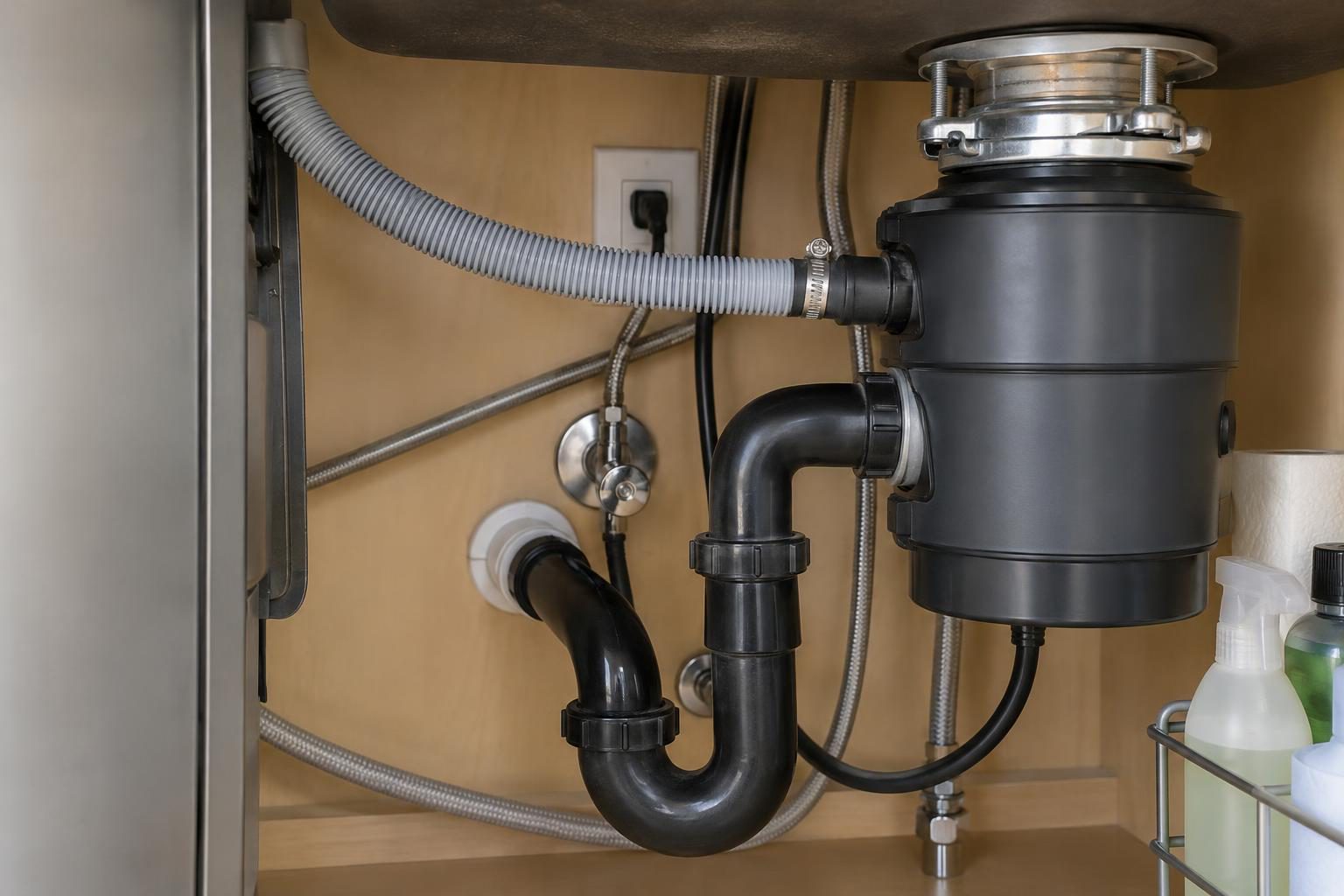 View under a kitchen sink showing a correctly attached Bosch dishwasher drain hose and garbage disposal.