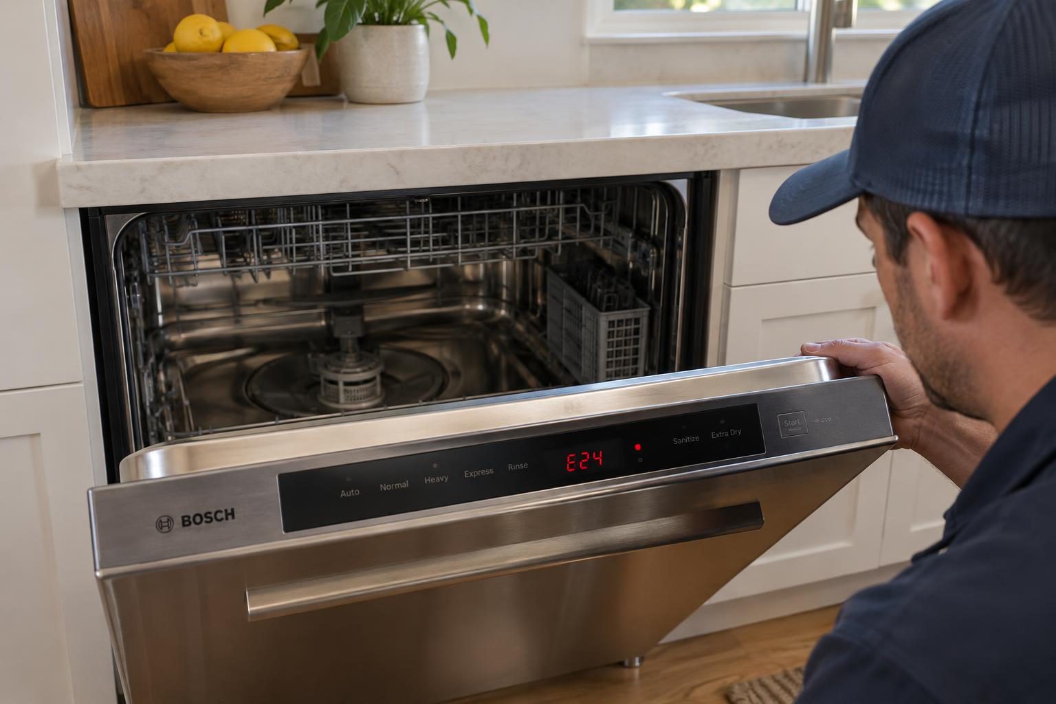 Bosch dishwasher with control panel displaying an E24 error code, door slightly open, and drain filter visible in the bottom interior.