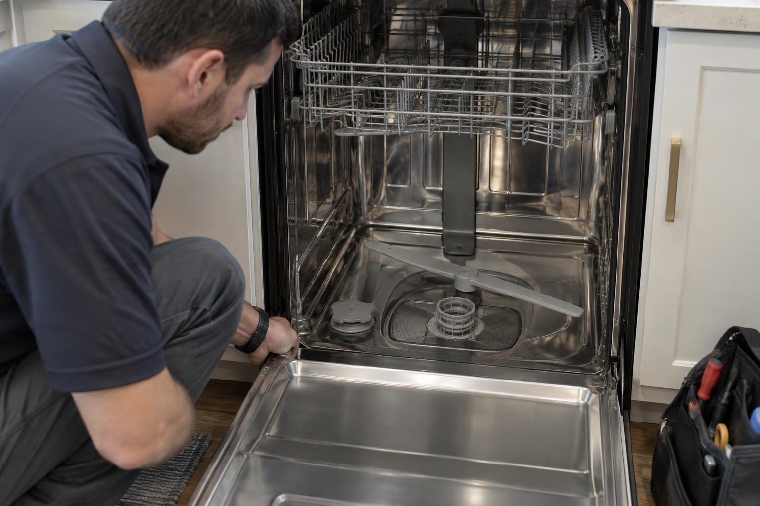 Bosch dishwasher pump cover inside the tub, showing the correct locked position near the filter.