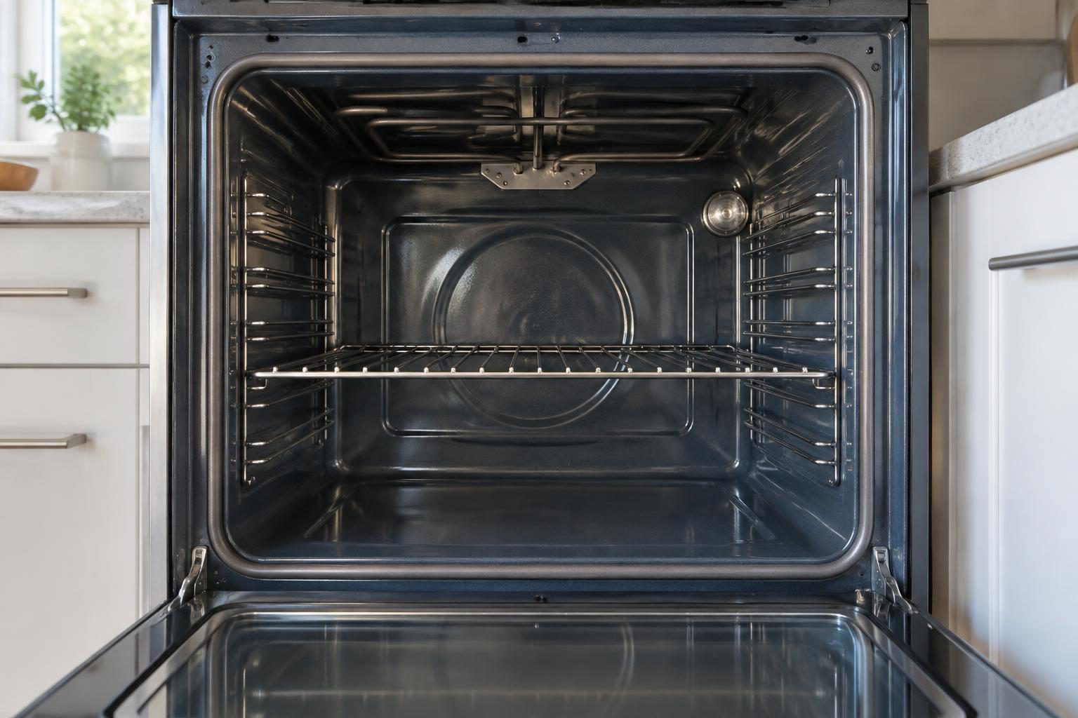 Electric oven interior showing the upper heating element and an empty center rack