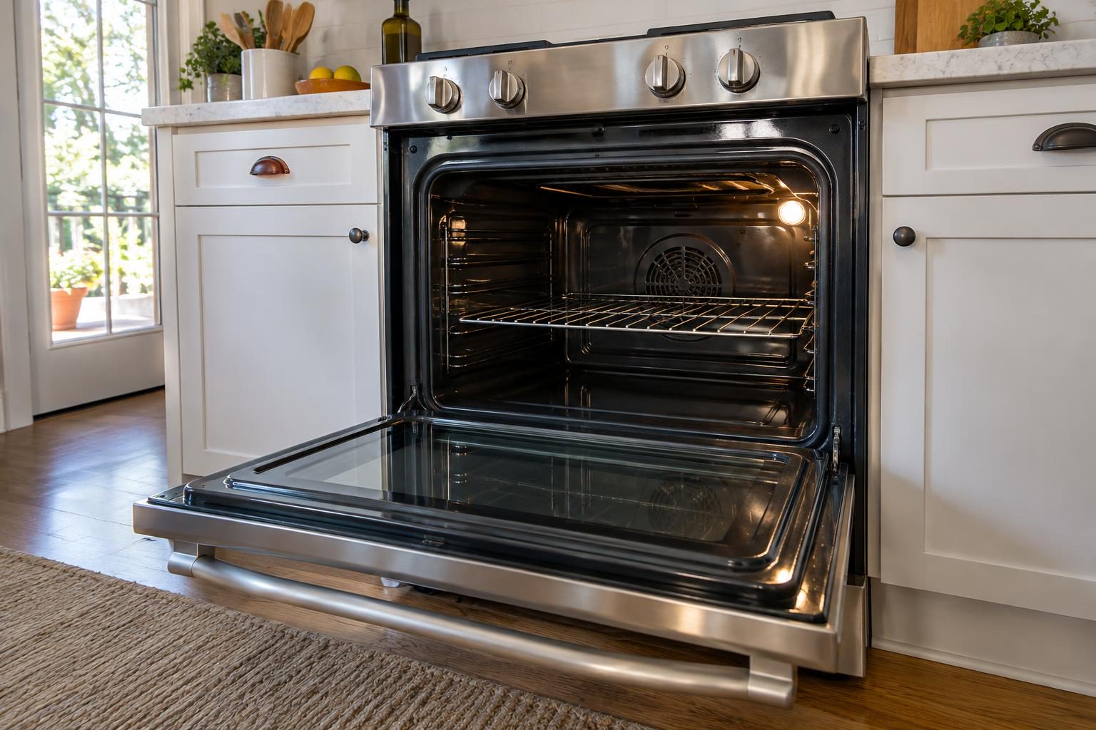 Stainless steel oven with an open door and baking rack in a bright residential kitchen