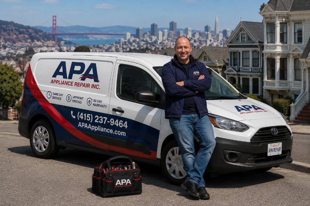 APA Appliance Repair inc. technician with the branded service van